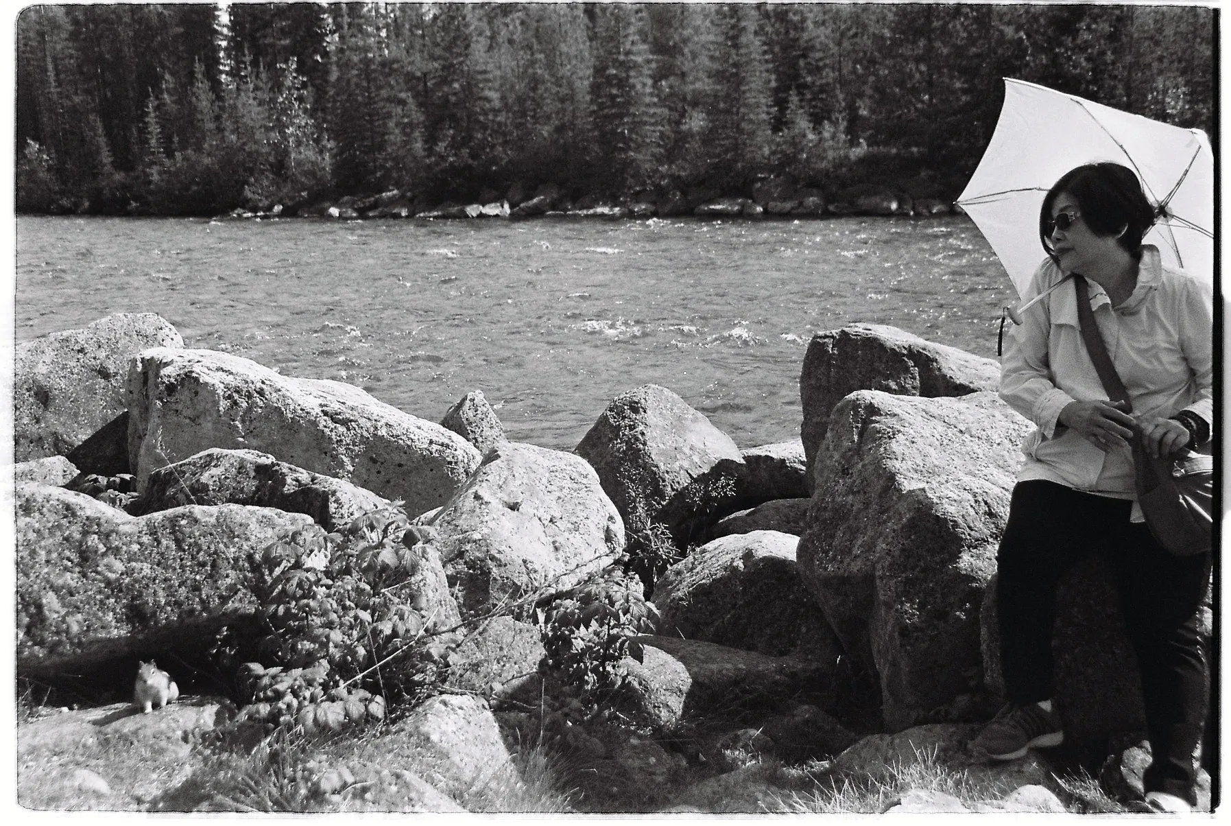 A black-and-white film photograph of a woman sitting on large rocks beside a flowing river, holding a white umbrella. A small squirrel stands on the rocks nearby, with trees and forest in the background.