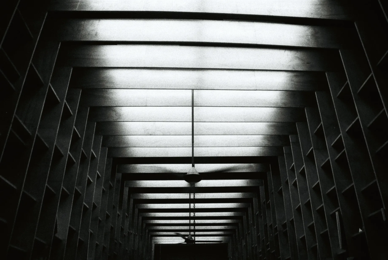 Black and white geometric ceiling structure inside a bookstore corridor with repeating beams and shadows, film photography by Percy Lin 2016