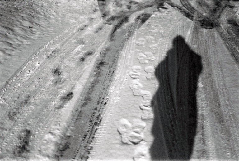 Snow-covered path with tire and footprints, long human shadow stretching forward — film by Percy Lin 2024