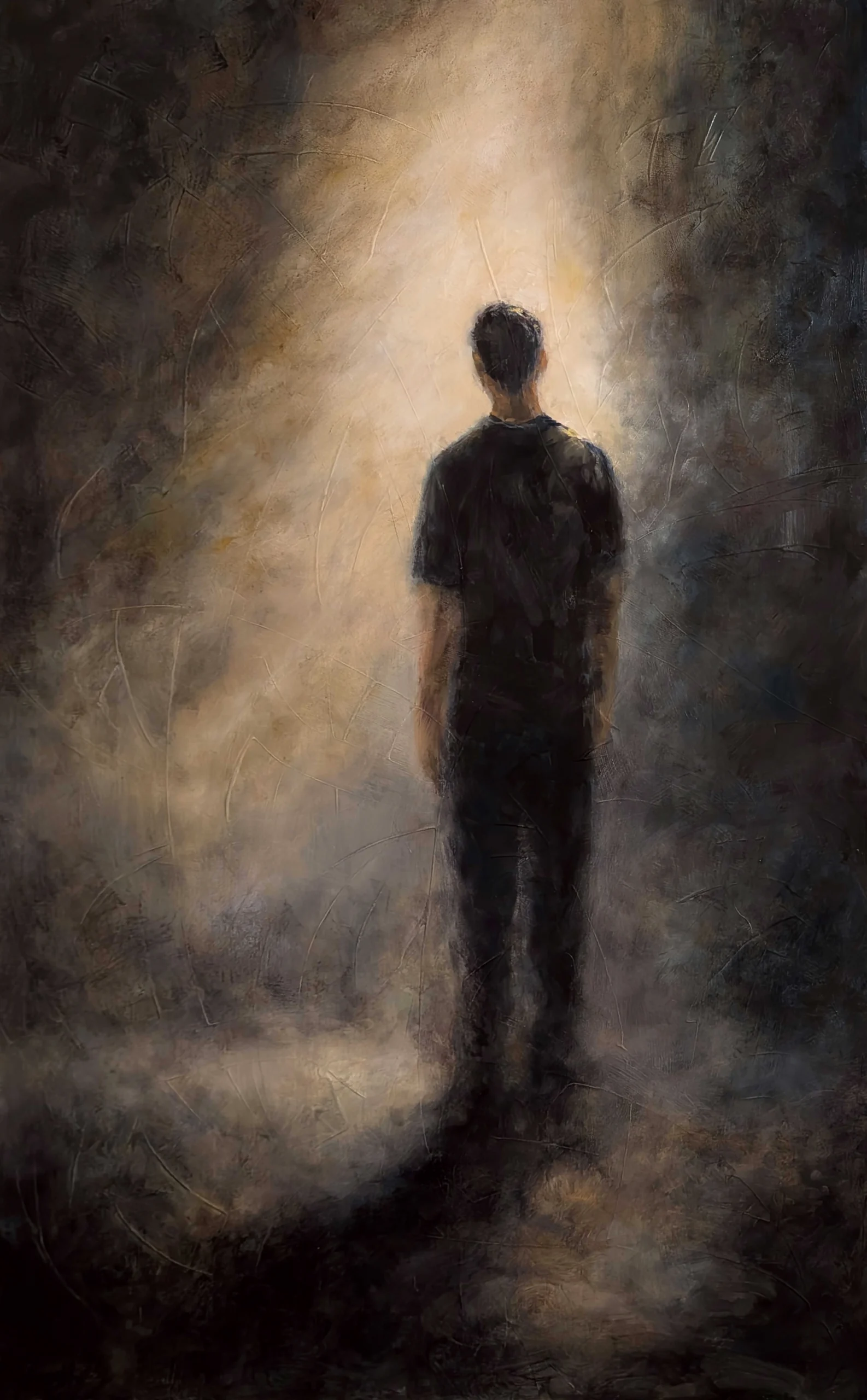 A solitary figure standing between darkness and light in a quiet atmospheric space — oil painting by Percy Lin 2026