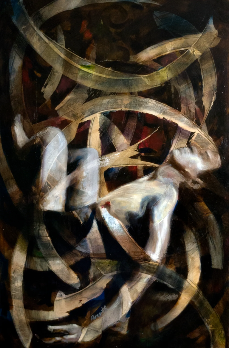 Oil painting Becoming by Percy Lin, showing a partially visible human figure emerging through layered textures and muted colours.